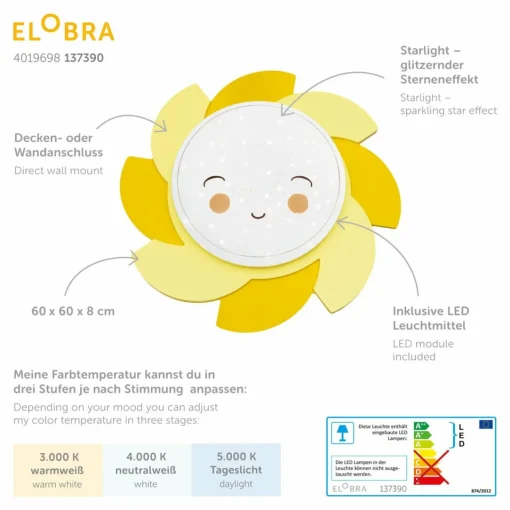 Elobra Applique LED soleil Starlight Smile, jaune| Appliques Murales Led|Appliques Murales