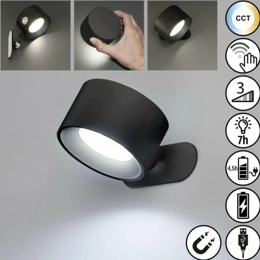 FH Lighting Applique murale LED rechargeable Magnetics, noir, CCT, avec aimant| Appliques Murales Led|Appliques Murales