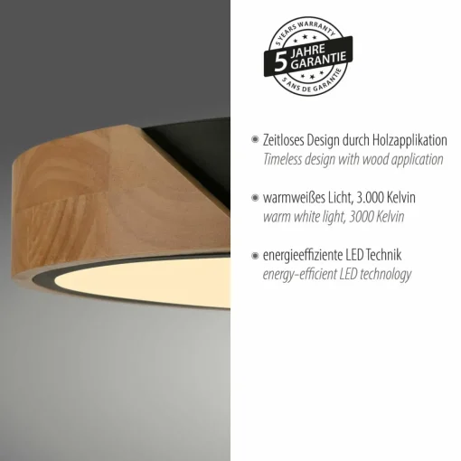 JUST LIGHT. Plafonnier LED Bila, noir, Ø 32 cm, bois| Plafonniers Led|Plafonniers