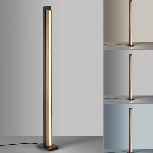PURE Lampe sur pied LED Lines, noir, bois, télécommande, 140 cm| Lampadaires Led|Lampadaires