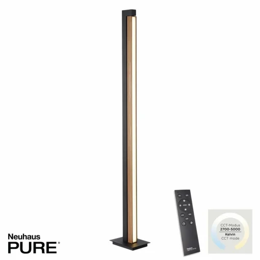 PURE Lampe sur pied LED Lines, noir, bois, télécommande, 140 cm| Lampadaires Led|Lampadaires