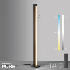 PURE Lampe sur pied LED Lines, noir, bois, télécommande, 140 cm| Lampadaires Led|Lampadaires