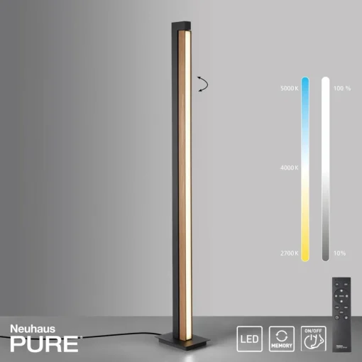 PURE Lampe sur pied LED Lines, noir, bois, télécommande, 140 cm| Lampadaires Led|Lampadaires