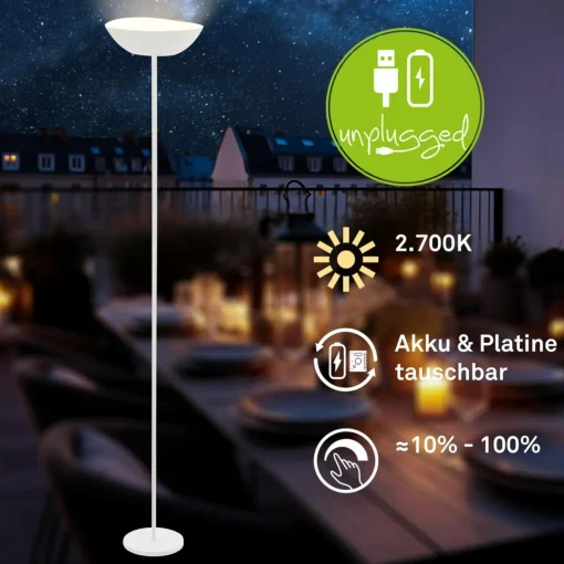 Briloner Lampe sur pied LED rechargeable Estate, blanc, variateur tactile, câble USB| Lampadaires Led|Lampadaires