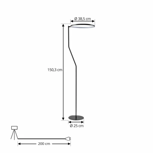 Lindby lampe sur pied LED Rayon, noir, métal, hauteur 150,3 cm| Lampadaires Led|Lampadaires