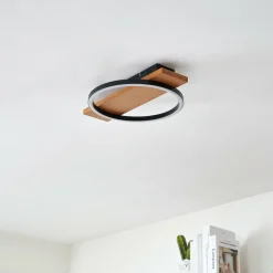 Lindby Plafonnier LED Galad, noir, bois, 30 cm, intensité variable| Plafonniers Led|Plafonniers