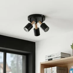 Lindby spot pour plafond Junes, 3 lampes, Ø 30 cm, noir, bois| Spots Et Projecteurs Led|Spots