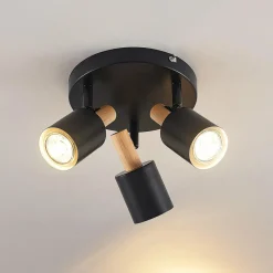 Lindby spot pour plafond Junes, 3 lampes, Ø 30 cm, noir, bois| Spots Et Projecteurs Led|Spots