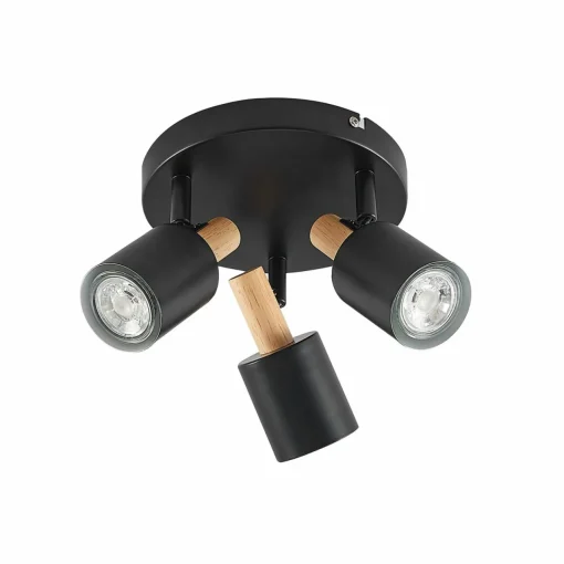 Lindby spot pour plafond Junes, 3 lampes, Ø 30 cm, noir, bois| Spots Et Projecteurs Led|Spots