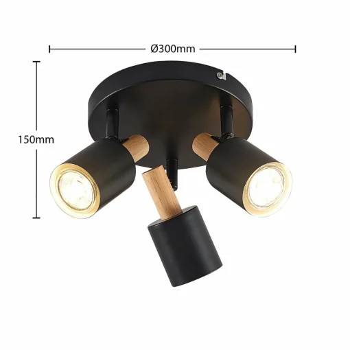 Lindby spot pour plafond Junes, 3 lampes, Ø 30 cm, noir, bois| Spots Et Projecteurs Led|Spots