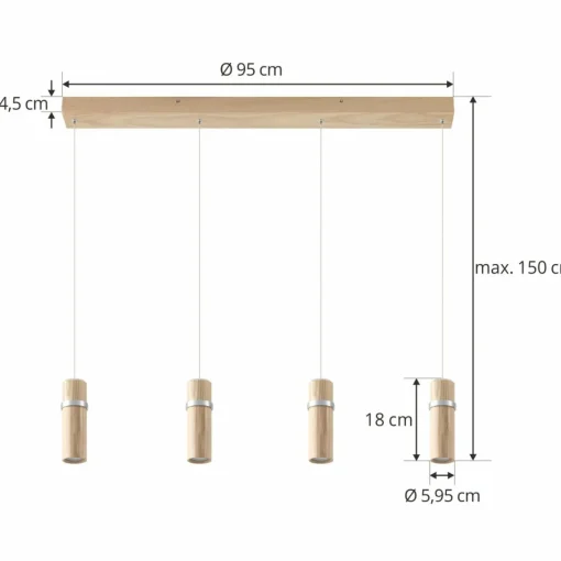 Lucande Suspension LED Nojus, 4 lampes, bois, up/down, 95 cm| Suspensions Led|Suspensions
