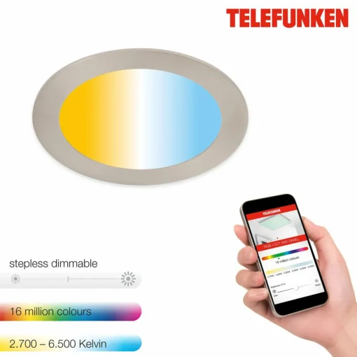 Telefunken Luminaire encastrable LED Virgo, RGBW, nickel, Ø 17 cm| Spots Encastrés Led|Luminaires Led D'Intérieur