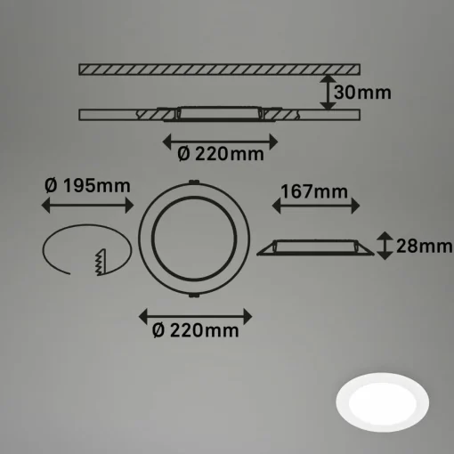 Briloner Luminaire encastrable LED Jeft, Ø 22 cm, blanc, 4000K, pas dimmable| Spots Encastrés Led|Luminaires Led D'Intérieur