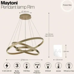 Maytoni suspension LED Rim, 3 lampes, couleur laiton, 3000K| Suspensions Led|Suspensions