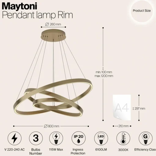 Maytoni suspension LED Rim, 3 lampes, couleur laiton, 3000K| Suspensions Led|Suspensions