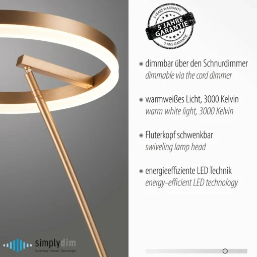 Paul Neuhaus Lampe sur pied LED Titus, laiton, métal, intensité variable| Lampadaires Led|Lampadaires