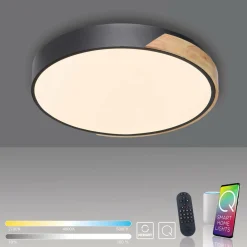 Q-Smart-Home Paul Neuhaus Q-BILA plafonnier LED, noir/chêne| Plafonniers Led|Plafonniers