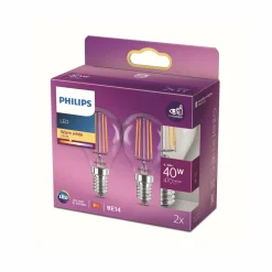 Philips ampoule LED E14 4,3 W P45 fil 2 700 K x2| Ampoules Filament|Ampoules Filament