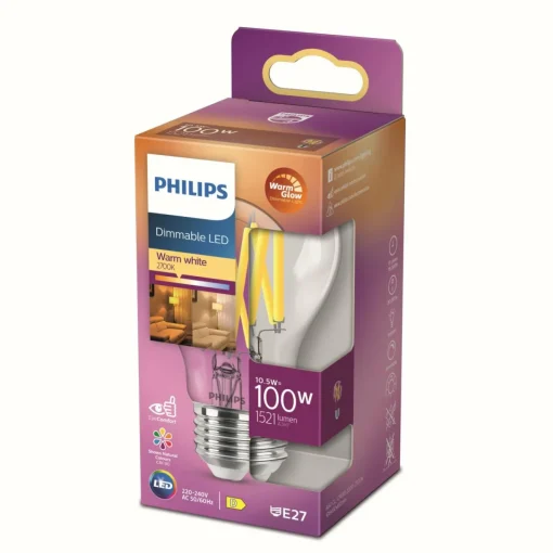 Philips LED Classic WarmGlow E27 A60 10,5 W claire| Lampes Led À Intensité Variable|Ampoules Led