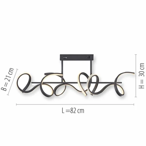 JUST LIGHT. Plafonnier LED Curls, noir, métal, longueur 82 cm, intensité variable| Plafonniers Led|Plafonniers