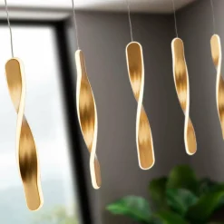 Schuller Valencia Suspension LED Twist, 5 lampes. Aluminium, métal, acrylique, doré| Suspensions Led|Suspensions