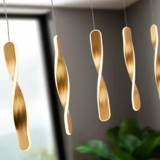 Schuller Valencia Suspension LED Twist, 5 lampes. Aluminium, métal, acrylique, doré| Suspensions Led|Suspensions